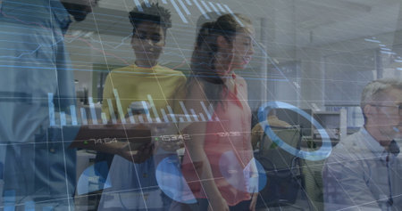 Image of data processing and diagrams over diverse colleagues discussing work. Global business,...