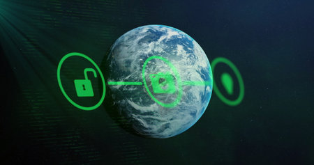 Image of network of connections with icons over globe and dark background. Global connections,...