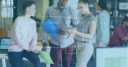 Image of financial data processing over diverse business people in office. Global finance, business,...