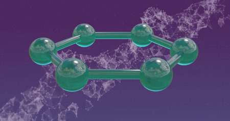 Image of ring of molecules over floating network on purple background. Medical research, data,...