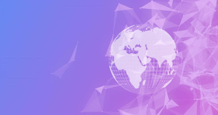 Image of moving shapes and globe on blue background. Global technology, business and digital...