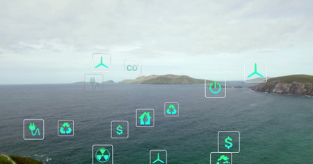 Image of network of eco icons over seascape. Global environment, connections, computing and data...