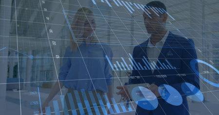 Image of financial data processing over diverse business people in office. Global finance, business,...