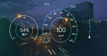 Image of electric car dashboard over city. Global environment, connections, computing and data...