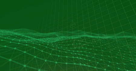 Image of network of connections and mathematical equations on green background. Technology and...