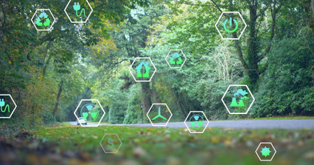 Image of network of eco icons over park. Global environment, connections, computing and data...