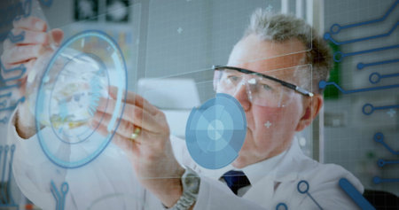 Image of scientific data processing over diverse scientists in laboratory. Global science,...