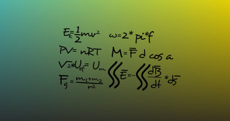 Image of mathematical data processing over green background. Global science, connections, computing...