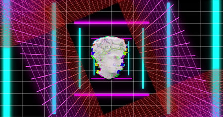 Image of interference over shapes moving and sculpture on black background. Shapes, pattern and...