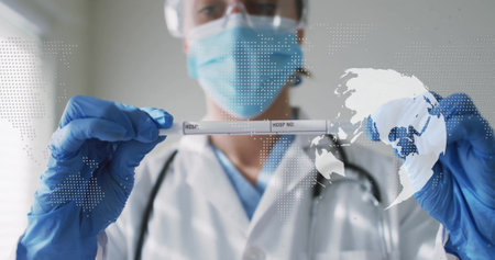 Image of world map and globe over caucasian female doctor taking sample. Medicine and digital...