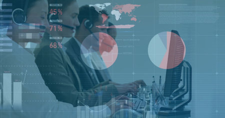 Image of financial data processing over diverse colleagues using phone headsets and computers....
