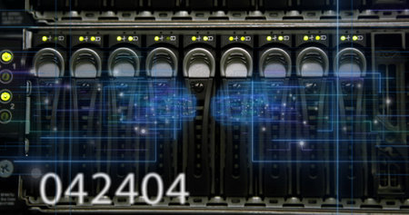 Image of neon shapes and data processing over server room. Technology and digital interface concept...
