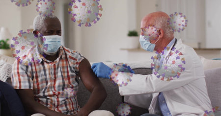 Image of virus cells over caucasian male doctor with patient taking vaccine. Global medicine and...
