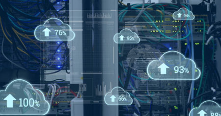 Image of data processing over clouds and server room. Technology, business and digital interface...