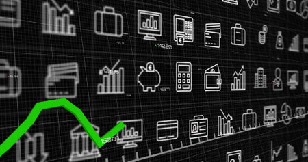 Image of green line, digital data processing over business icons. Global business, connections, computing and data processing concept digitally generated image.の写真素材