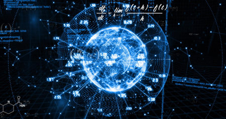 Image of scientific data processing over globe. Global science, connections, computing and data...