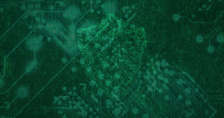 Image of digital data processing over shield. Global cyber security, connections, computing and data...