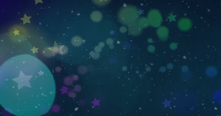 Image of snow and stars over light spots on black background. Shapes, light, movement and background concept digitally generated image.の写真素材