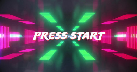 Image of press start text over colourful neon shapes. Social media, technology and digital interface...