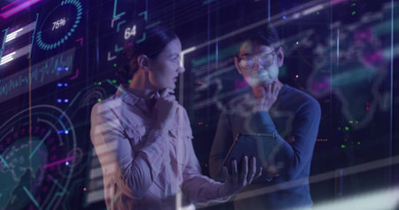 Image of data processing over diverse colleagues using tablet in server room. Global business,...