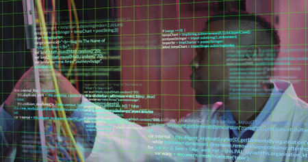 Image of data processing over african american scientist in server room. Global business,...