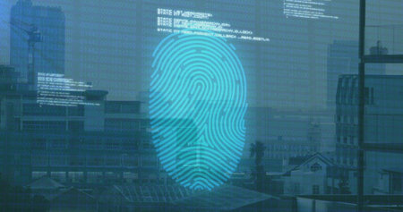 Image of data processing with fingerprint over cityscape. Global technology, computing, online...
