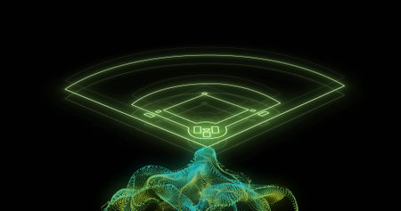 Image of neon stadium over green spots. Technology, sport and digital interface concept digitally...
