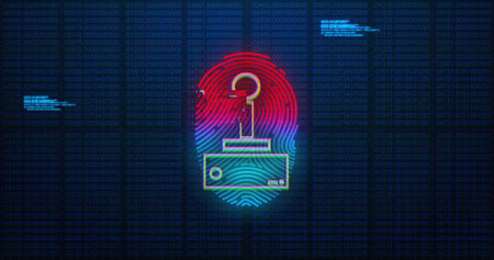 Image of gamepad and fingerprint over data processing. Technology, business and digital interface...