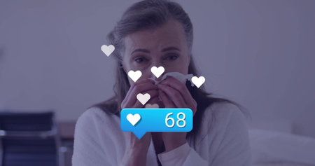 Image of media icons over caucasian woman sneezing. Technology, business and digital interface...