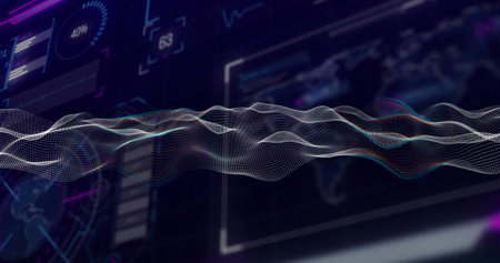 Image of white shapes moving over data processing and world map. Technology and digital interface...
