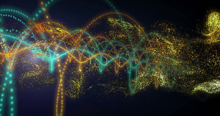Image of digital network of connections over gold specks of light on black background. Global...