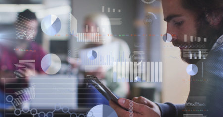Image of financial data processing over diverse colleagues discussing work in office. Global...