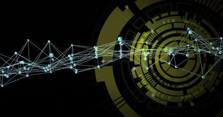 Network of connections and data processing image over futuristic circular interface. Technology,...