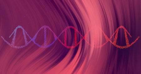 Image of dna strand over red lines on black background. Global science, computing and digital interface concept digitally generated image.の写真素材