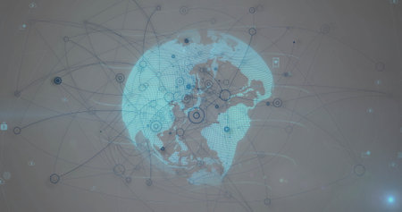 Image of network of connections and globe over media icons. Social media, shapes and digital...