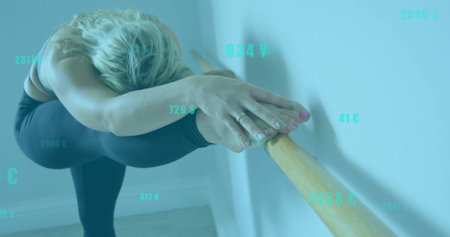 Stretching on ballet barre, woman with financial data image over her. Dance, fitness, exercise,...