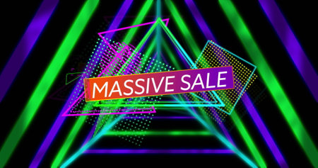 Massive Sale text over neon geometric shapes and glowing lines image. Discount, promotion,...