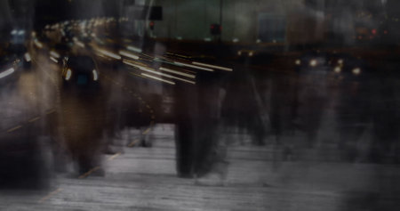 Blurred city street with moving lights image over pedestrians walking. Cityscape, urban, nightlife,...