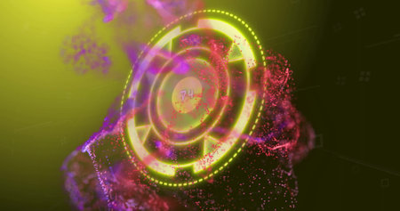 Circular digital interface with glowing arrows and particles image. Technology, futuristic,...