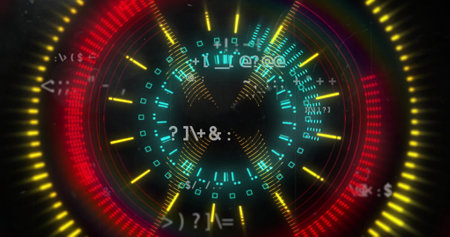 Circular digital interface with glowing symbols and data processing image. Technology, futuristic,...