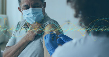Receiving vaccination, elderly man with mask and nurse, data waves image. Healthcare, safety,...