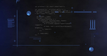 Image of data processing over diagrams on black background. Technology and digital interface concept...