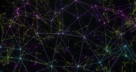 Image of network of connections over shapes on black background. Shapes, technology and digital...