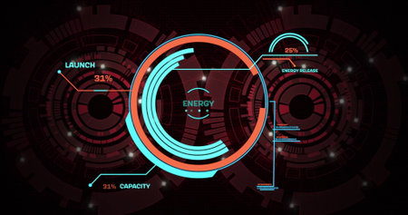 Image of energy, launch interface processing over circular scanners on dark background. Connection,...