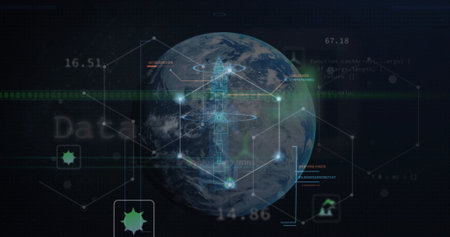 Image of data processing over globe on black background. Global technology, computing and digital...