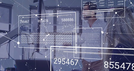 Image of financial data processing over diverse business people in office. Global finance, business,...
