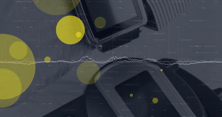 Image of yellow spots and data processing over vr headset. Global technology, computing,...