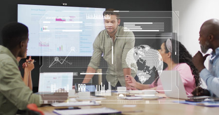 Image of financial data processing over diverse colleagues having meeting in office. Global...