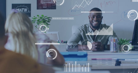 Image of data processing and diagrams over diverse male teacher and schoolchildren learning. Global...