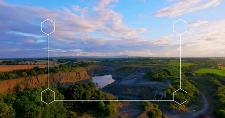 Image of white frame over landscape. Social media, nature and digital interface concept digitally...